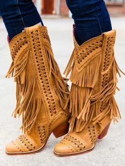 All Around The Fringe — Cowgirl Boots With Fringe In Tan Leather -Southern Fried Chics 158A8805
