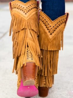 All Around The Fringe — Cowgirl Boots With Fringe In Tan Leather -Southern Fried Chics 158A8810