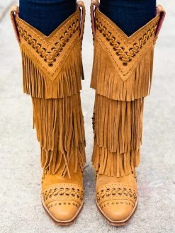 All Around The Fringe — Cowgirl Boots With Fringe In Tan Leather -Southern Fried Chics 158A8812