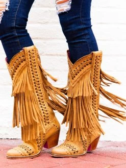 All Around The Fringe — Cowgirl Boots With Fringe In Tan Leather -Southern Fried Chics 158A8824