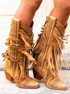 All Around The Fringe — Cowgirl Boots With Fringe In Tan Leather -Southern Fried Chics 158A8938