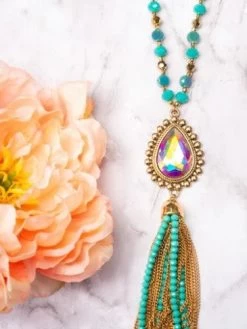 Shine So Bright Iridescent Oval Gold Crystal Turquoise Beaded Necklace -Southern Fried Chics AN9628 TQ