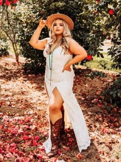 Southern Fried Chics -Southern Fried Chics Champagne Maxi Dress with Lace Dresses