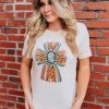 Leopard Cross With Turquoise Stone Tee - Cream -Southern Fried Chics Leopard Cross With Turquoise Stone Tee Cream T Shirts