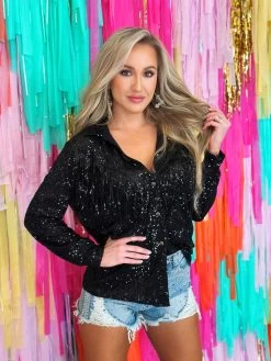 No Secrets Black Sequin Fringe Button Up Top