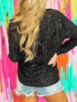 No Secrets Black Sequin Fringe Button Up Top -Southern Fried Chics PhotoApr042023 22148PM