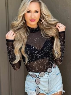 PREORDER Add The Sparkle Mock Neck Rhinestone Mesh Bodysuit -Southern Fried Chics PhotoApr202023 20204PM