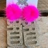 Here Comes The Bride Earrings - Silver Glitter With Hot Pink Pom 1 Here Comes The Bride Earrings - Silver Glitter With Hot Pink Pom -Southern Fried Chics PhotoApr242023 95623AM