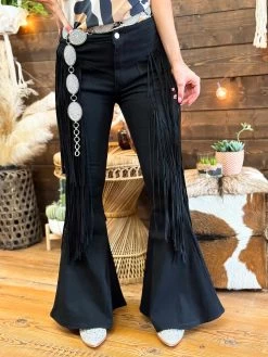 Black Frisky Fringe Bell Bottom Pants