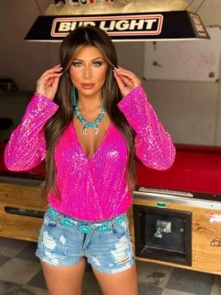 Neon Bandita Pink Sequin Bodysuit -Southern Fried Chics PhotoJan132023 111345AM