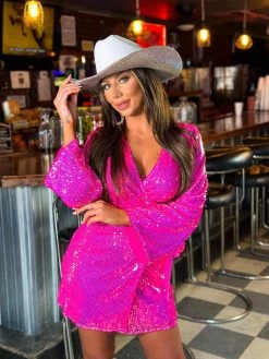 Neon Bandita Pink Sequin Mini Wrap Dress -Southern Fried Chics PhotoJan132023 115537AM