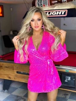 Neon Bandita Pink Sequin Mini Wrap Dress -Southern Fried Chics PhotoJan132023 23004PM