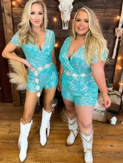 Hello Darlin Turquoise Sequin Romper