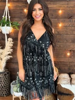 PREORDER Star Of The Show Fringe Adjustable Strap Dress - Black -Southern Fried Chics PhotoJun012023 13715PM