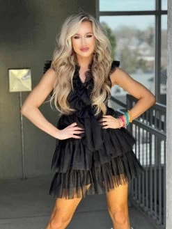 The Marsha Ruffle Organza Mini Dress - Black