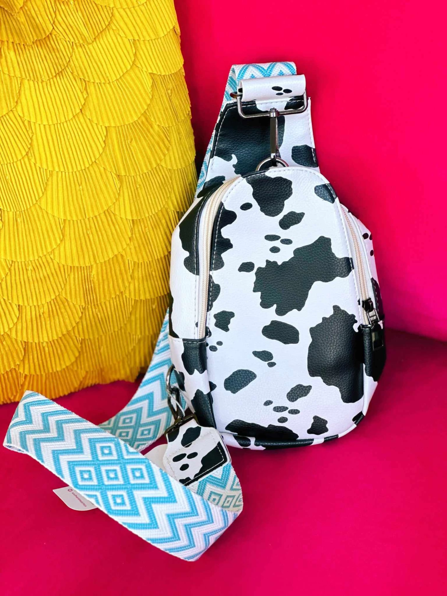 PREMIUM On The Go Cow Print With Diamond Turquoise Strap Sling Bag 4 PREMIUM On The Go Cow Print With Diamond Turquoise Strap Sling Bag - Image 2