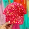 Neon Pink Velour Sequin Ponytail Ballcap -Southern Fried Chics PhotoMay302023 103018AM