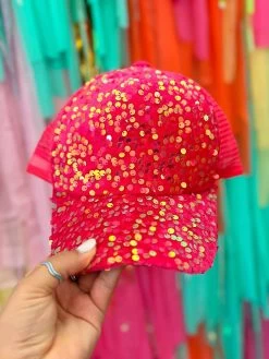 Neon Pink Velour Sequin Ponytail Ballcap