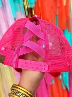 Neon Pink Velour Sequin Ponytail Ballcap -Southern Fried Chics PhotoMay302023 103033AM