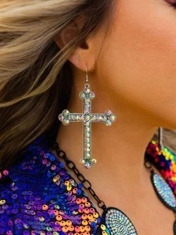 Silver Cross Earring - Iridescent