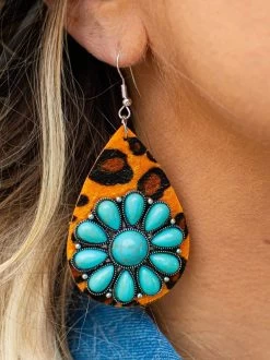 Brown Leopard Turquoise Flower Teardrop Earrings