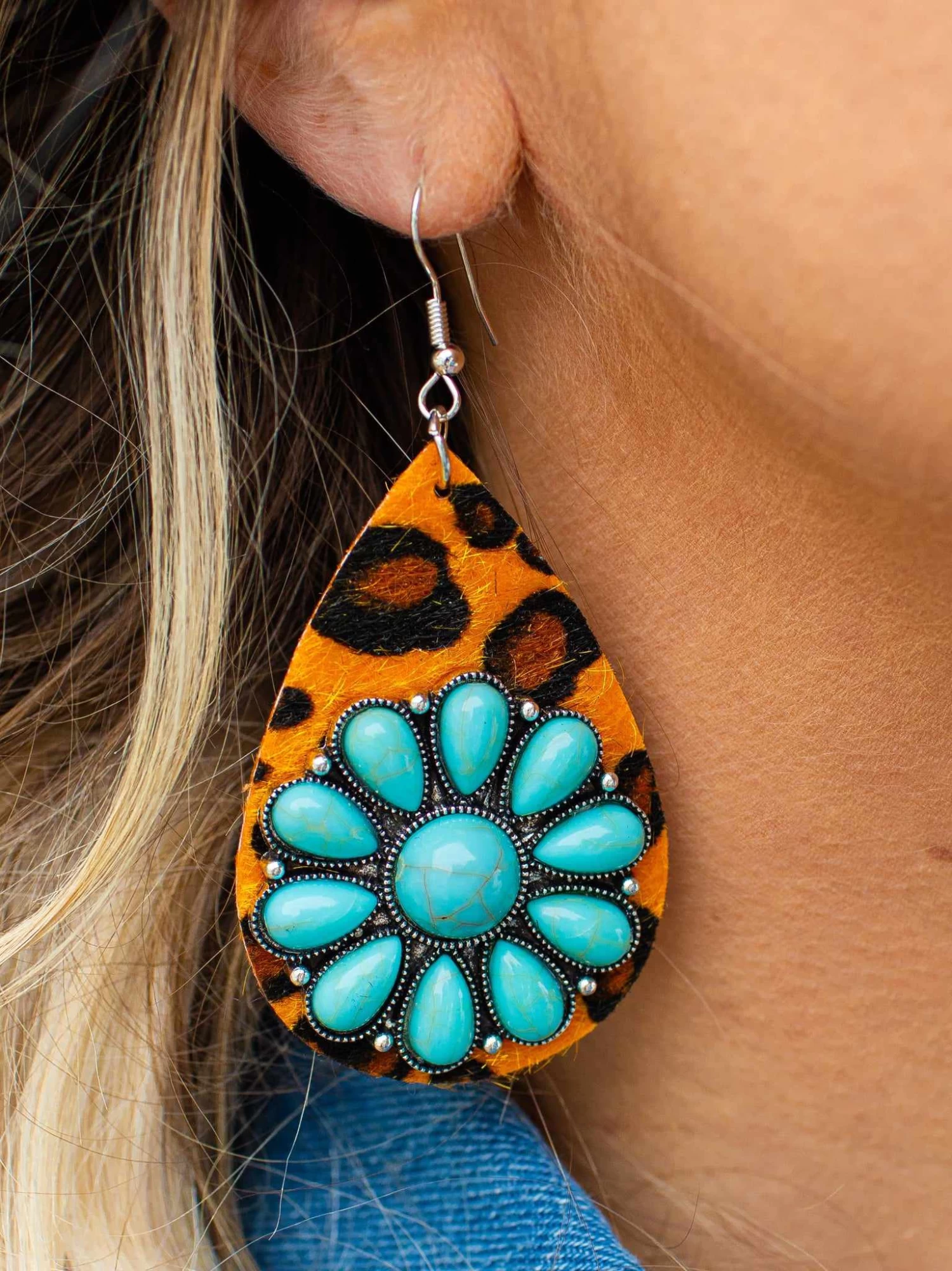 Brown Leopard Turquoise Flower Teardrop Earrings 3 Brown Leopard Turquoise Flower Teardrop Earrings