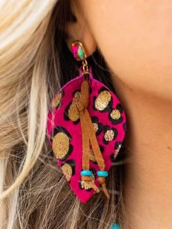Fuchsia Leopard Leaves Gold Earrings