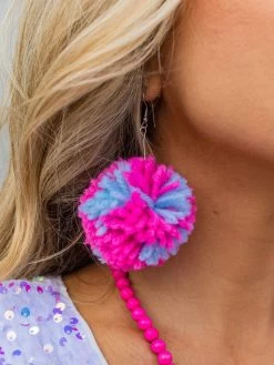 Big Pom Puffer Earrings - Pink And Blue