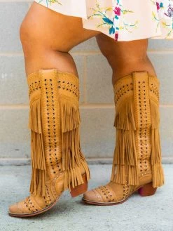 All Around The Fringe — Wide Calf Western Fringe Boots In Tan Leather